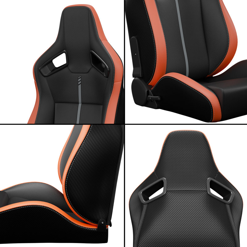 2PC New Universal Bucket Racing Seats Stitch Orange PVC Leather Reclinable Carbon Look Leather With Adjustor Slider(Not Including Seat Bracket ) 1 Box Of 2 Pieces