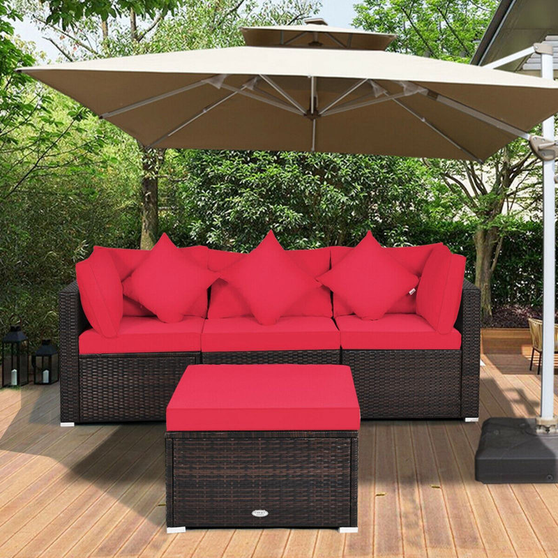 Ensemble de conversation modulaire en rotin avec coussins 4 pièces Patio, Rouge