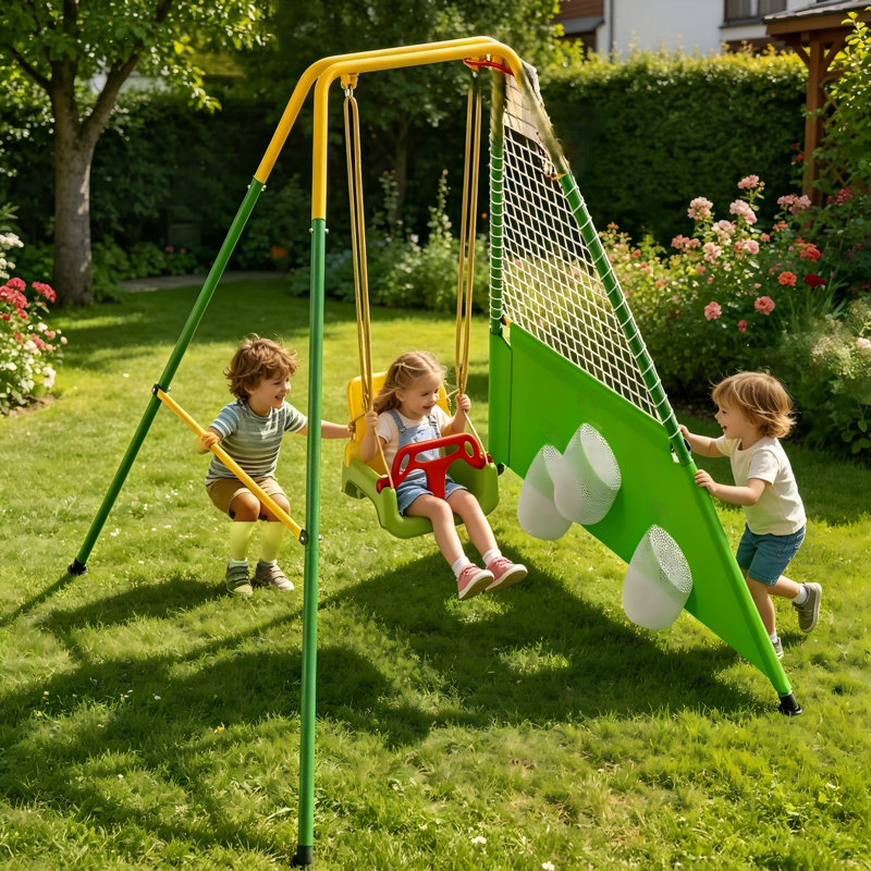 Ensemble de balançoire pour enfants 3 en 1 avec basketball et soccer, balançoire pliable pour tout-petits - cour arrière intérieure et intérieure facile à assembler et à ranger