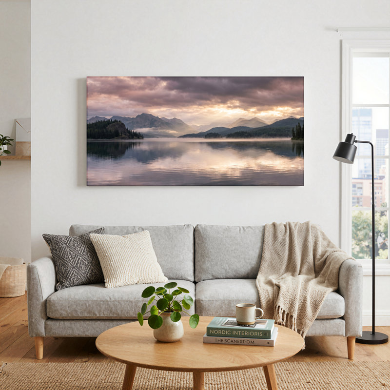 Ensemble de 1 tableau sur toile représentant un lac de montagne, 32“W x 16”H, Toile tendue