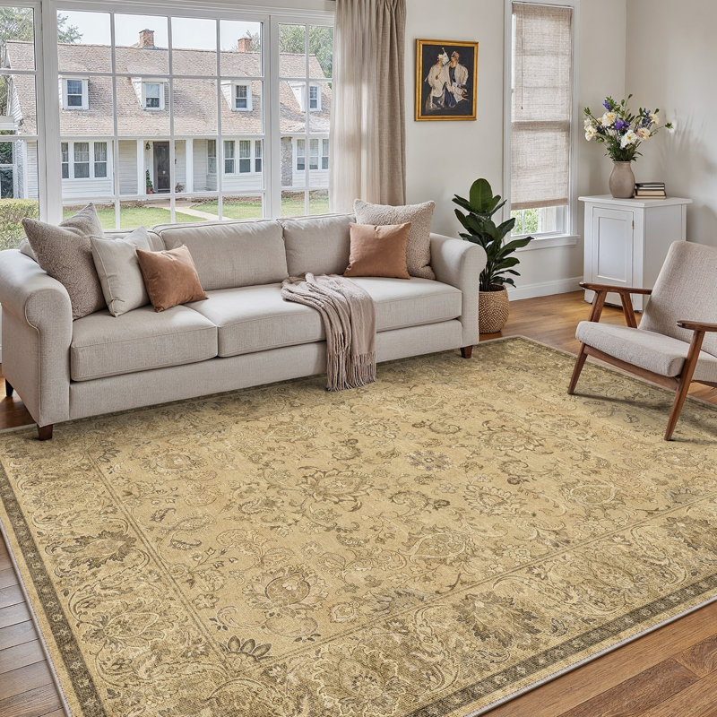Tapis Elara Vintage Floral lavable à la machine avec envers antidérapant, Rectangle 6 pi x 9 pi, Brun