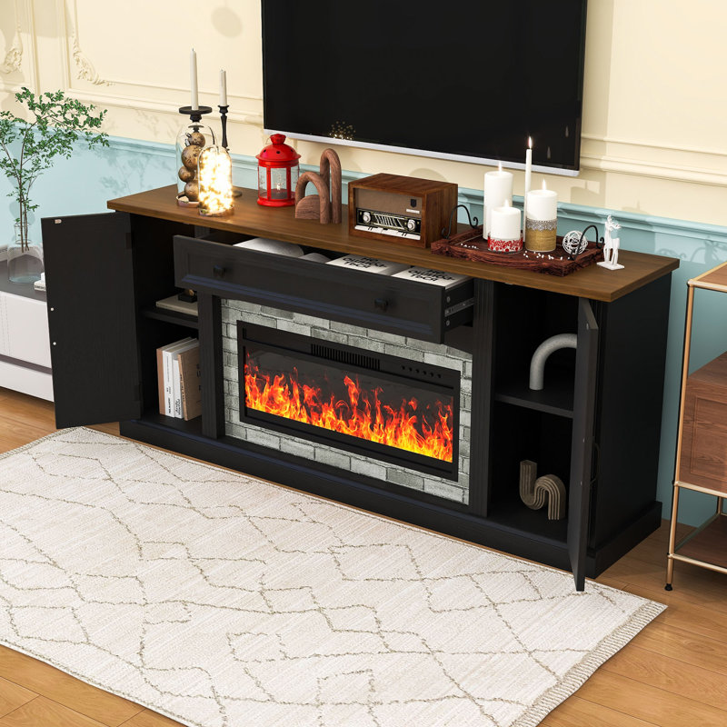 Meuble télé avec foyer électrique, manteau de cheminée multicolore, tiroir et 2 armoires, Noir
