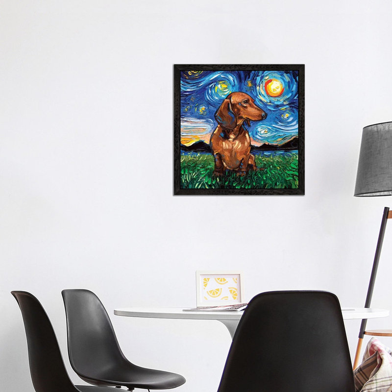 Shorthair Dachshund Night by Aja Trier - Painting, 45.72 cm H x 45.72 cm W, Black Framed