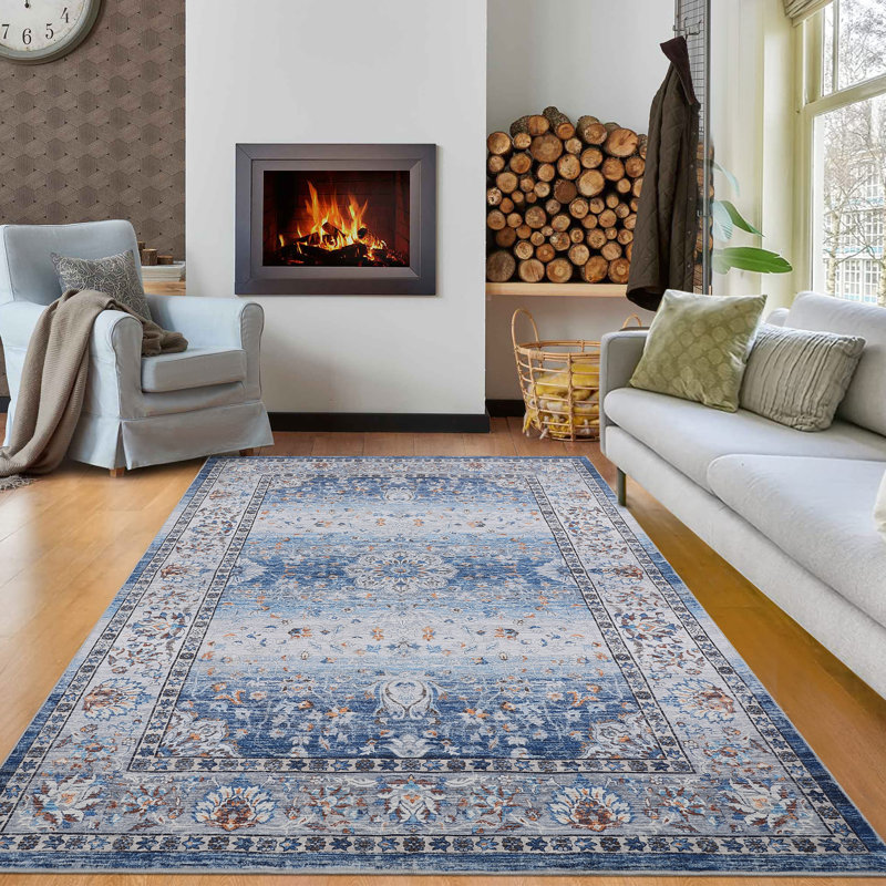Retro Bohemia Aesthetics Distressed Rug Machine Washable Indoor Low Pile Non Slip Area Rug for Living Room Bedroom Stain Resistant Non-Shedding Durable Carpet Soft Floor Mat Room Decor