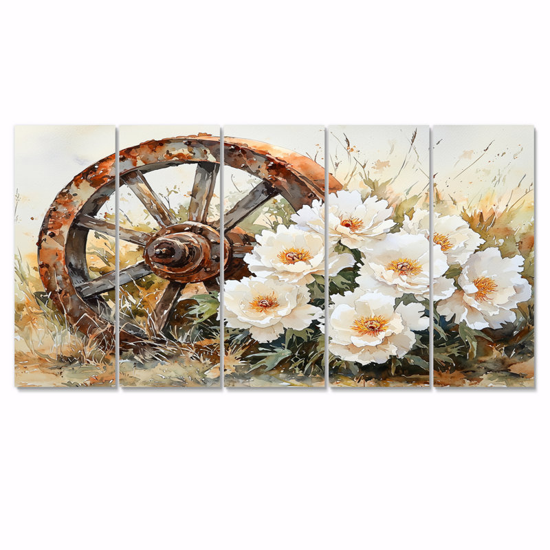 Pivoines par la roue de chariot I - par Wall Art - décoration murale traditionnelle, H 32 po x l 80 po, 5