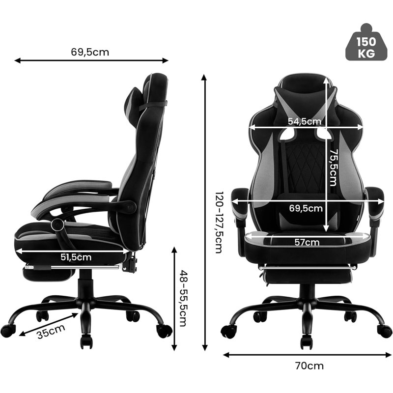 Inbox Zero Adjustable Reclining Ergonomic Swiveling PC & Racing Game Chair with Footrest, Grey/Black