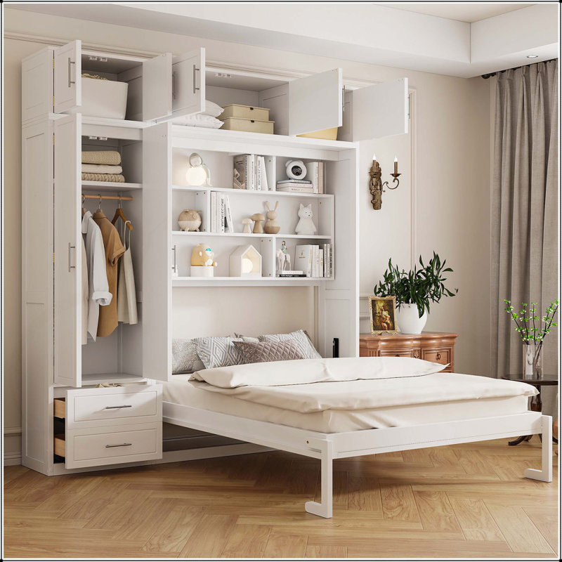 Grand lit escamotable mural avec armoire supérieure, gris