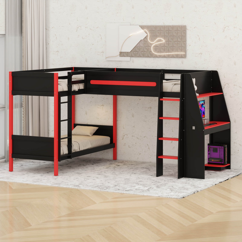 Lit superposé simple au-dessus de simple en L, lit mezzanine de jeu avec bureau, étagère de rangement et éclairage DEL