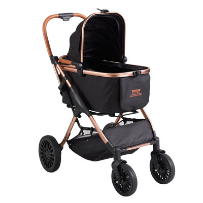 Pet Stroller, 4 Wheels Dog Stroller Rotate with Brakes, 66 lbs Weight Capacity, Puppy Stroller with Detachable Carrier, Storage Basket and Pet Pad, Black, Designed for Small to Medium Sized Dogs