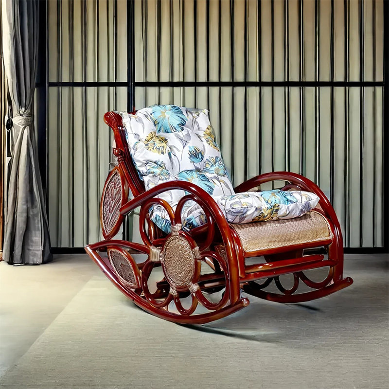 Chaise berçante élégante en rotin, Brun / blanc / bleu / brun rougeâtre