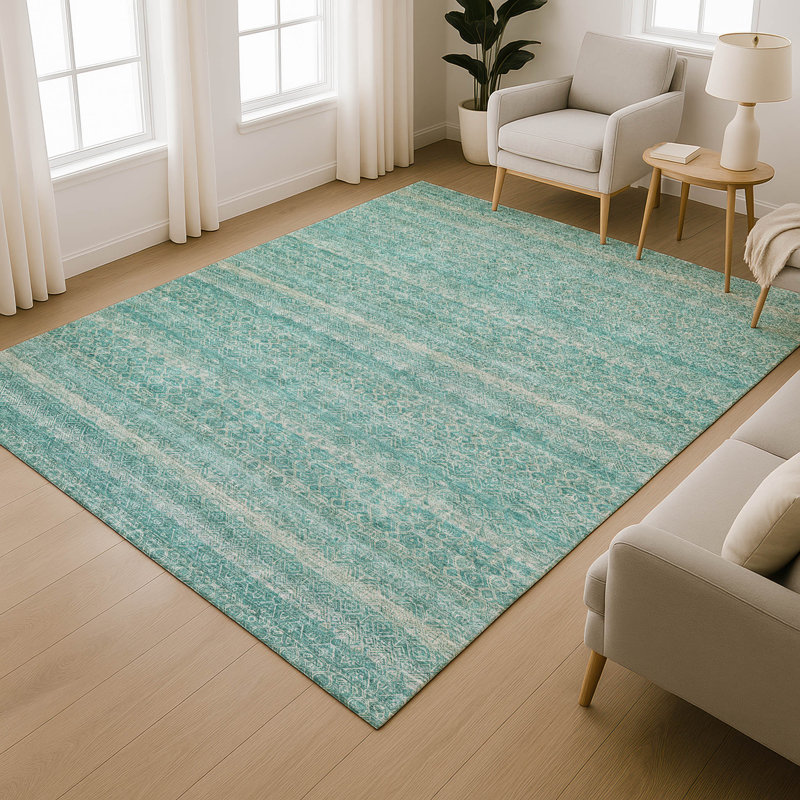 Premium Machine Washable Mayfield AMF2105 Striped Rug, Teal, 2'6" x 3'10"