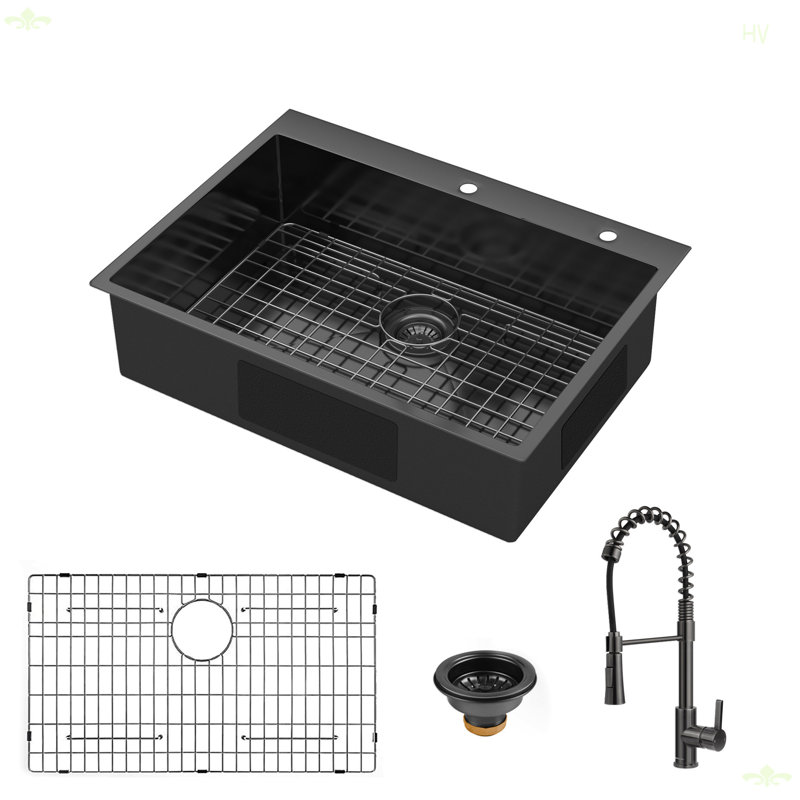 30X22 Inch Drop In Topmount 18 Gauge Stainless Steel Single Bowl Kitchen Sink With Pull Out Faucet, Matt Black