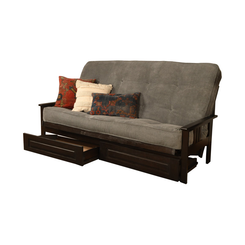 Stratford 86" Queen Futon and Mattress with Drawer set, Espresso, Gray Polyester, Innerspring