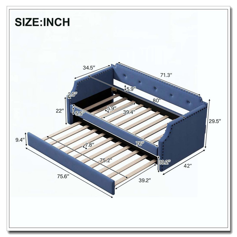 Upholstered Daybed with Trundle, Blue