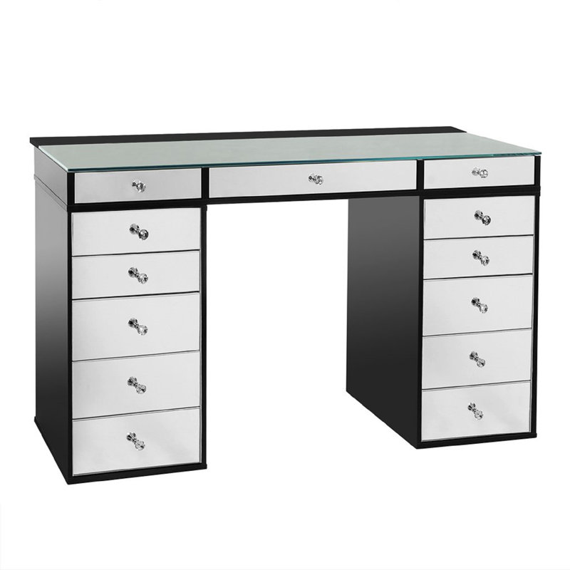 SlayStation Plus 2.0 Vanity Table with Clear Glass Tabletop and 5 Drawer Units Bundle for Makeup Storage Vanity , Pro Black