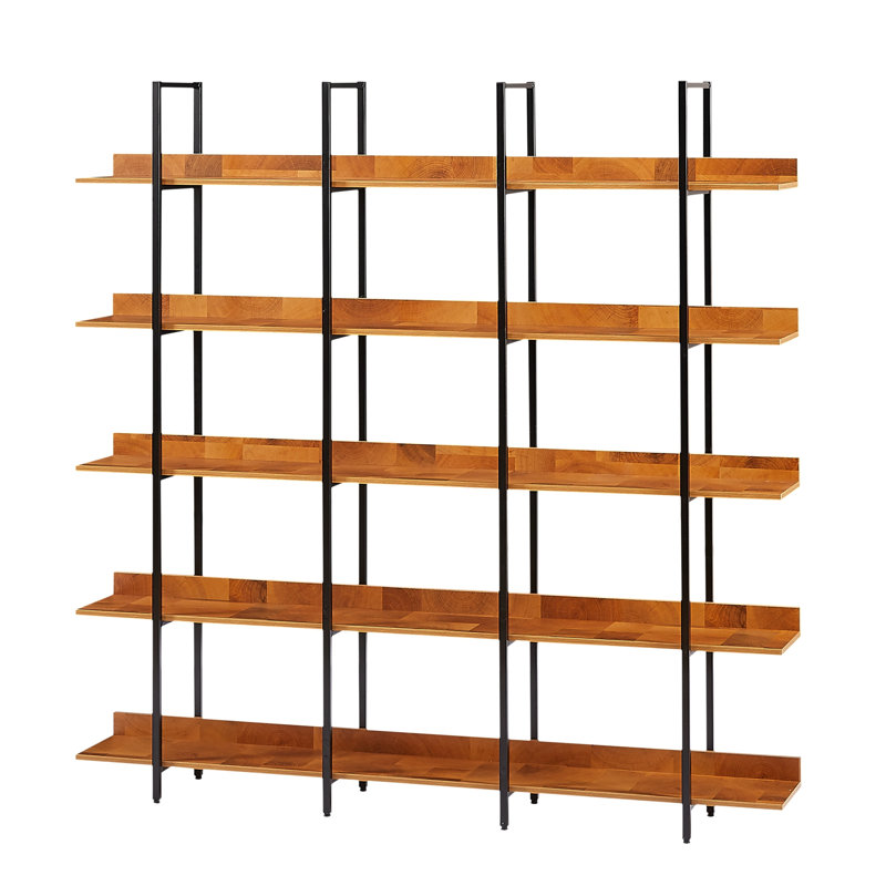 5 Tier Bookcase Home Office Open Bookshelf, Vintage Industrial Style Shelf With Metal Frame, MDF Board, Oak/White
