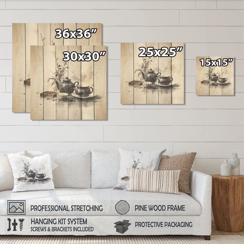 Black And White Boho Tea Set Potteries I - Boho Pottery On Wood Print, 25" H x 25" W