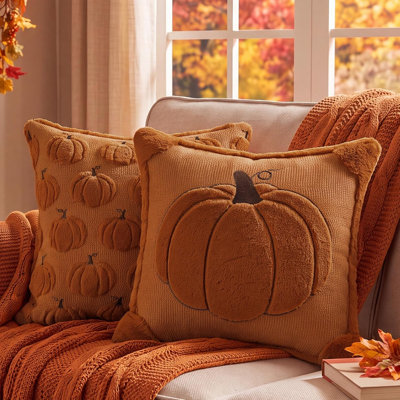 Housses de coussin d'automne 45x45 cm, ensemble de 2, réversibles, motif citrouille rouille, broderie 3D, idéales pour canapé, fauteuil, décor bohème d'automne ou style champêtre ; cadeau parfait pour l'Action de grâce
