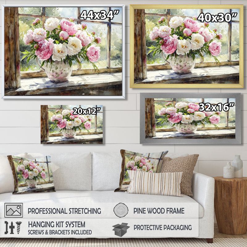 Art mural rustique avec pivoines II - pivoines, H 30 po x l 40 po, Cadre simple noir