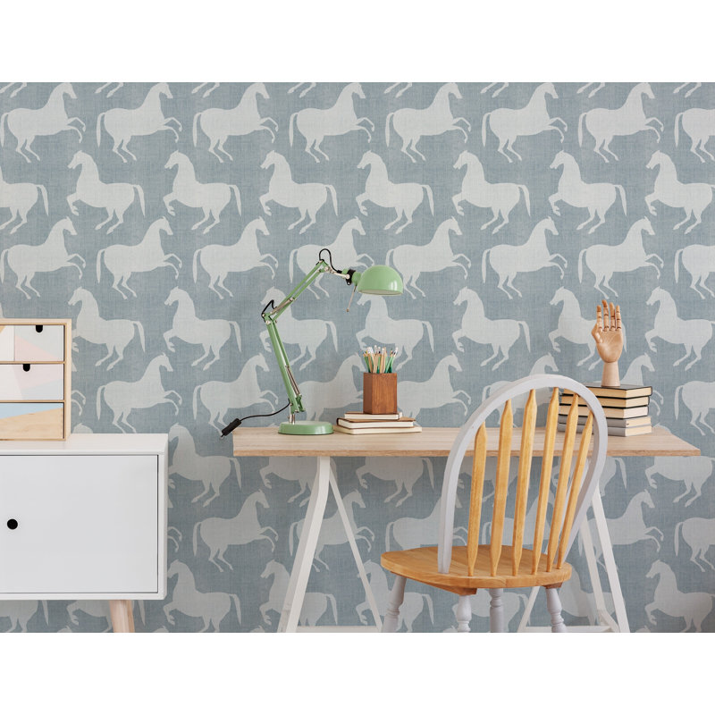 Horses 10' L x 24" W Wallpaper Roll, Pewter Blue, Self-adhesive