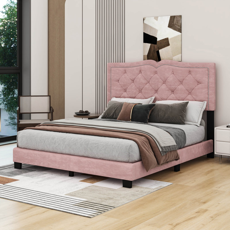 Lit plateforme tapissier Bilgehan, Rose, Grand