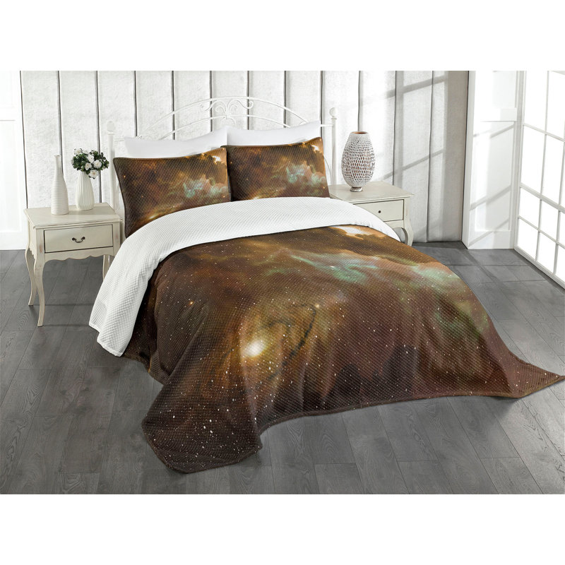 Ambesonne Constellation Bedspread Set Nebula Infinity Pale Coffee Mint Green, King Bedspread + 2 Standard Shams