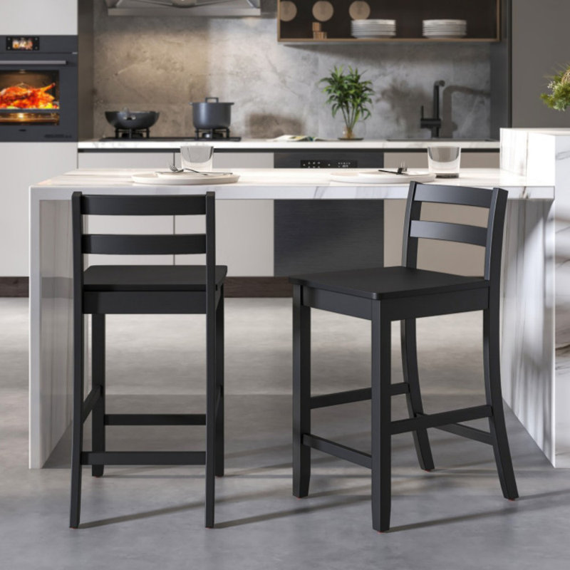 Wooden Bar Stools Set of 2 with Ergonomic Backrest and Footrest, Black