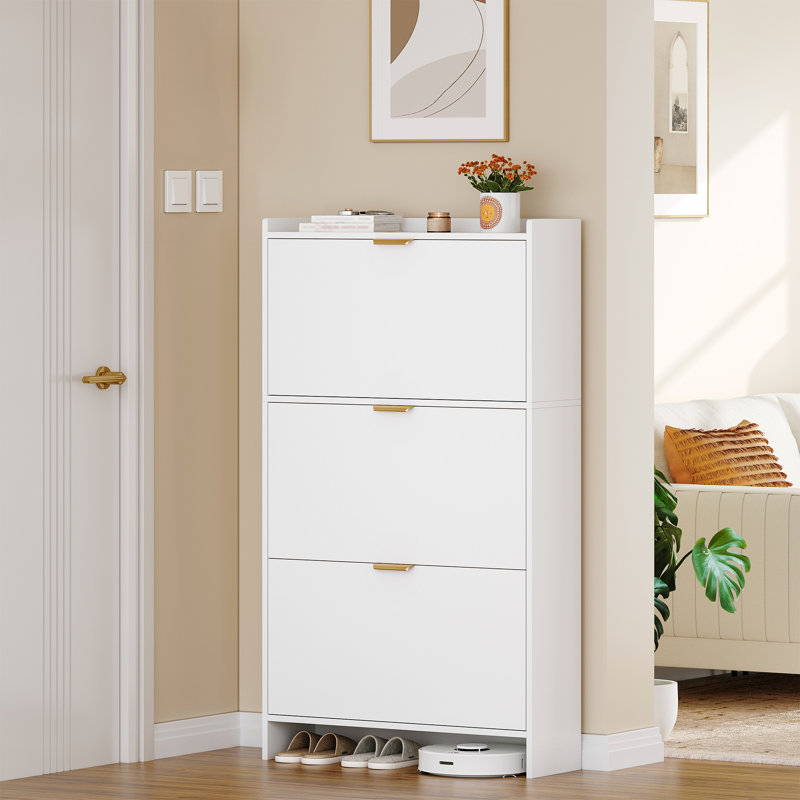 Shoe Storage Cabinet, Wooden Shoe Cabinet with 3 Pull-Down Drawers, Large Capacity, Space-Saving Slim Shoes Cupboards for Hallway, Entryway, Living Room, White 
