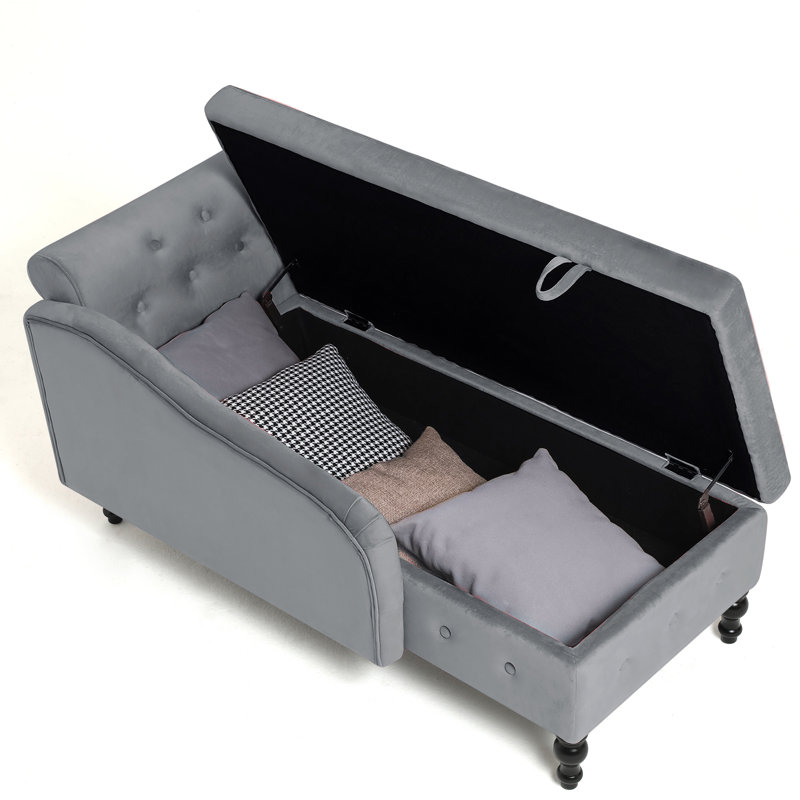 Chaise longue en velours avec accoudoir droit et espace de rangement, Gris