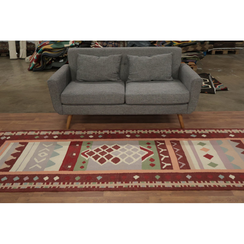 Tapis Kilim tissé à la main 3 x 10 avec motifs géométriques uniques