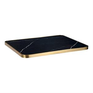 Plateau de table en marbre fritté noir de 30 po x 30 po avec rebord en acier inoxydable doré, pour l'intérieur et l'extérieur