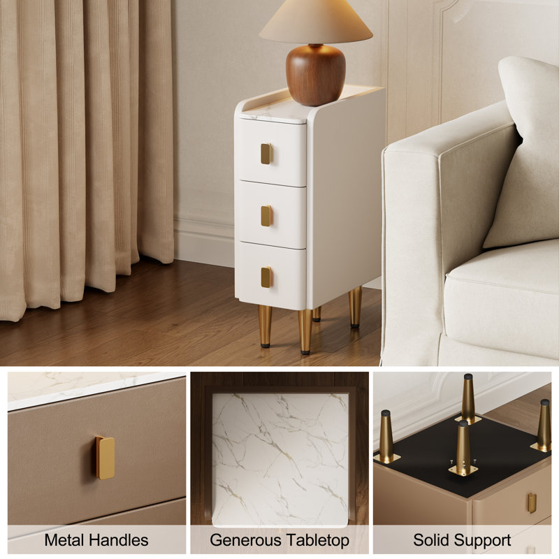 Solid Wood Core Leather Upholstered Faux Marble Top Nightstand - Quick Leg Assembly Only, White,  7.9" W
