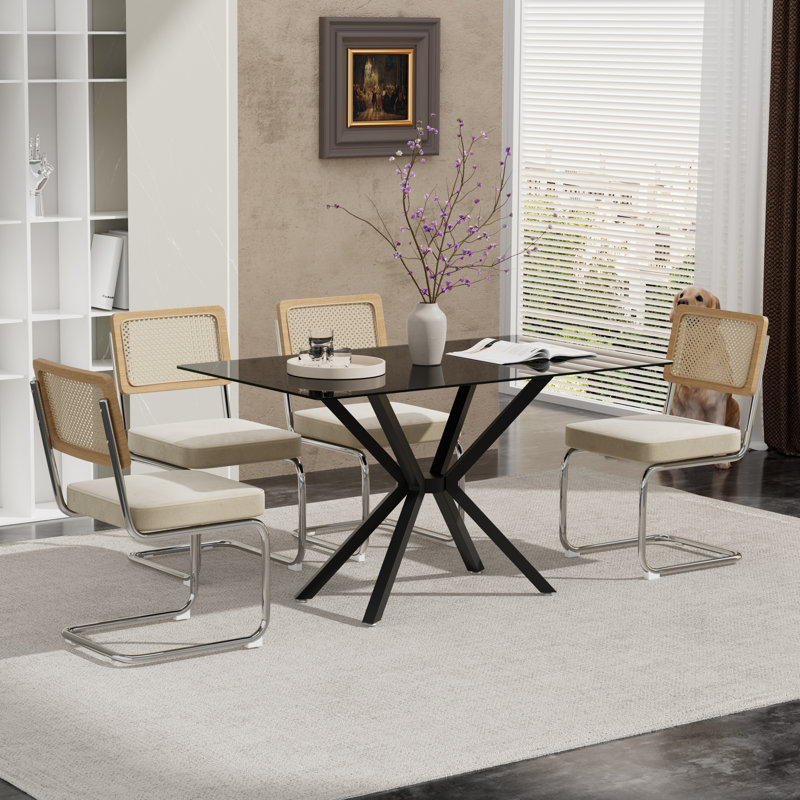 Ensemble de table de salle à manger rectangulaire en verre trempé avec chaises de salle à manger rembourrées en velours de luxe