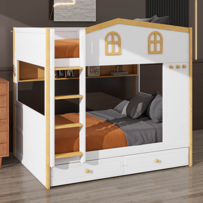 Lit superposé de style maisonnette avec tiroirs, lit superposé en bois avec supports de rangement intégrés et échelle pour jouer