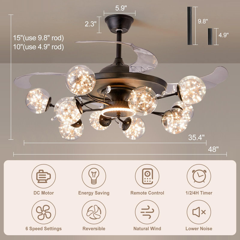 Modern 10-Light Chandelier with Fan Black Fandelier with Remote for Living