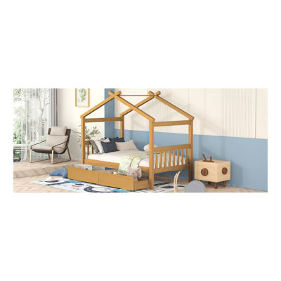 Lit simple en bois avec tiroirs, naturel