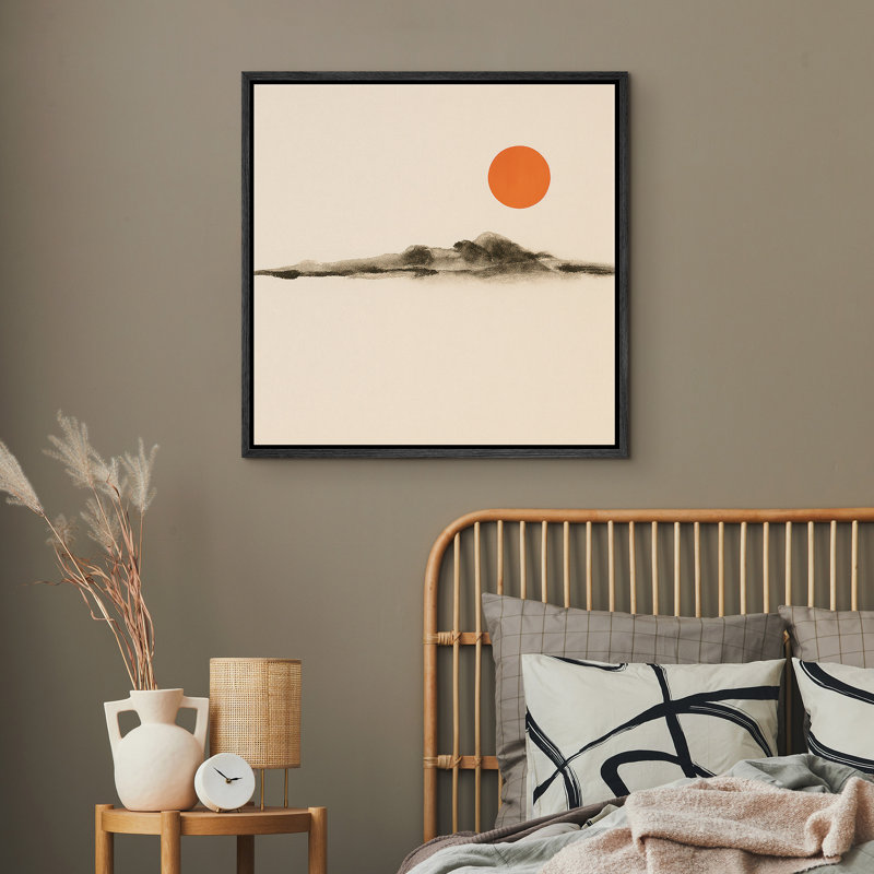 «Minimal Abstract Landscape with Orange Sun Serenity Decor», reproduction d'art sur toile encadrée, H 16 po x l 16 po