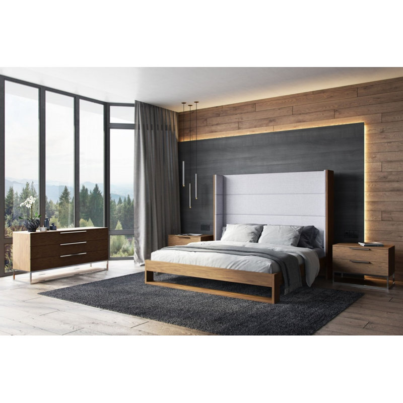 King Walnut Wood Frame Upholstered Wingback Bed with Tufted Headboard