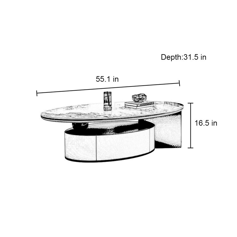 Table basse ovale légère et luxueuse, 16.5" H x 55.1" L x 31.5" W, Gold/White