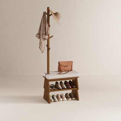Addisin Adryell Solid Wood Entryway Shoe Bench with Coat Rack, Cushioned Seat & Double Shoe Storage Shelves