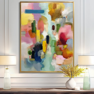 Pink Minimalism Painting With Shapes Of Yellow - Geometric Wall Art, Pink Modern Canvas Print
