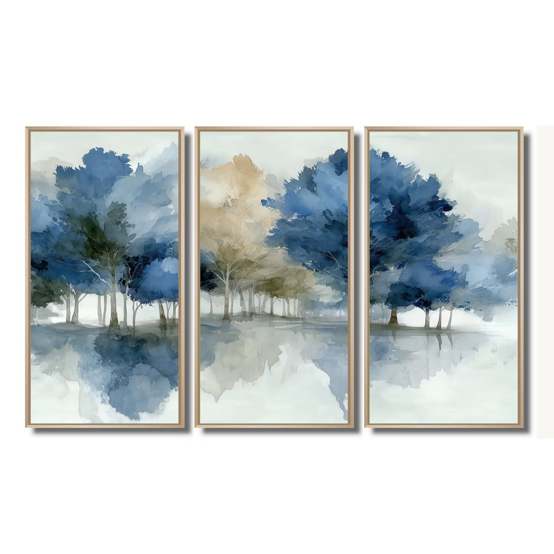 Bleu gris, aquarelle, érable, forêt, Canada - ensemble d'art mural érable, H 32 po x l 48 po, Naturel