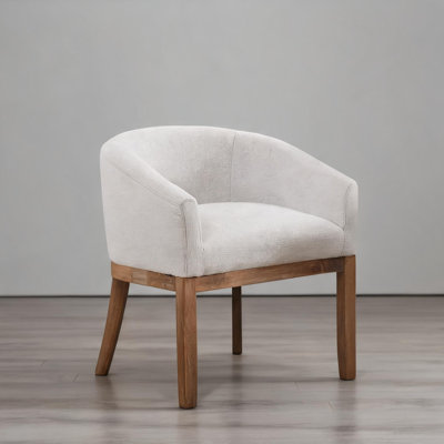 Single Beige Mid-Century Modern Armchair with Arms, 23 D x 24.8 W x 27.9 H, Linen Upholstery and Solid Rubberwood Frame, Neutral Beige
