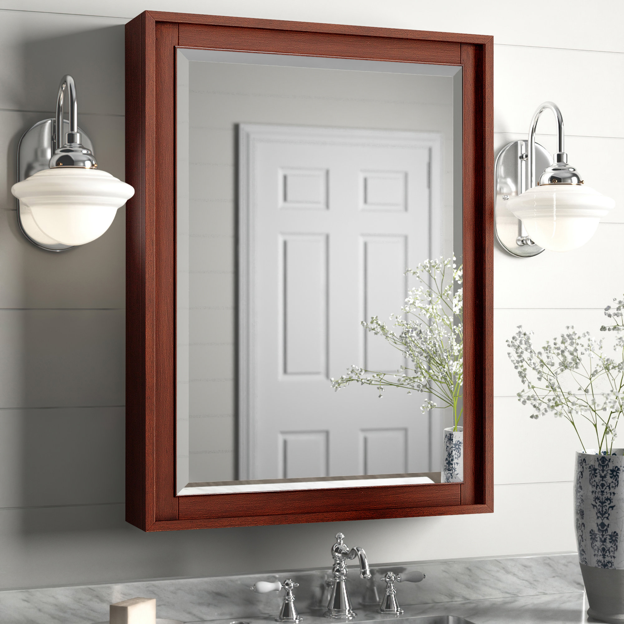 Charley Surface Mount Framed Medicine Cabinet with 3 Shelves, Tobacco, 32" H x 24" W x 5.1" D