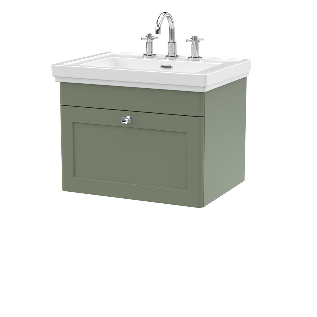 Nuie Classique 600mm Wall Hung 1-drawer Unit & Basin - Satin Green - 3 Tap Holes - Image 2