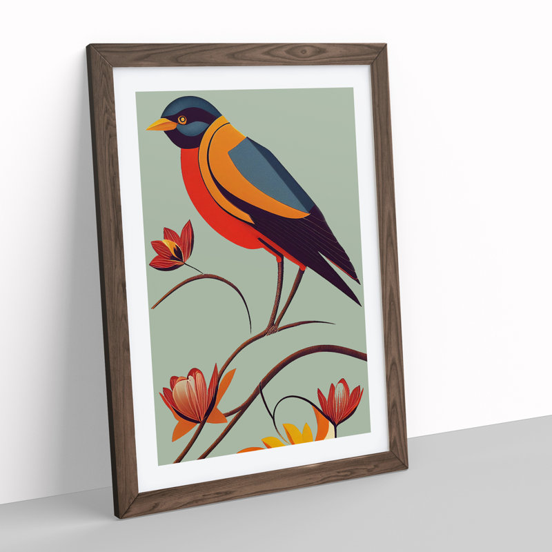 Cheerful Bird - Wall Art, 66cm H x 48cm W x 2cm D, Walnut Framed, White