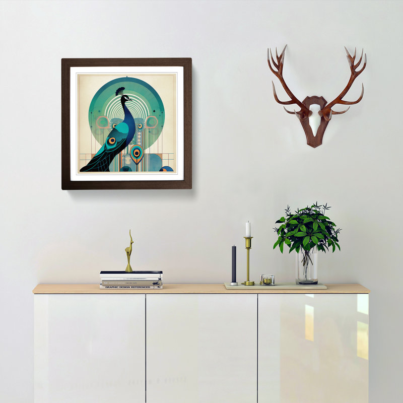 Peacock Bauhaus No.2 - Single Picture Frame Print on Wood, Walnut