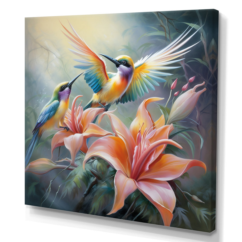Fleurs tropicales avec un bel oiseau, Toile tendue, H 24 po x l 24 po x P 1 po