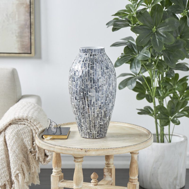 Reydan Mother of Pearl Shell Handmade Mosaic Inspired Decorative Gray Vase, 15.45" H x 8" W x 7.85" D