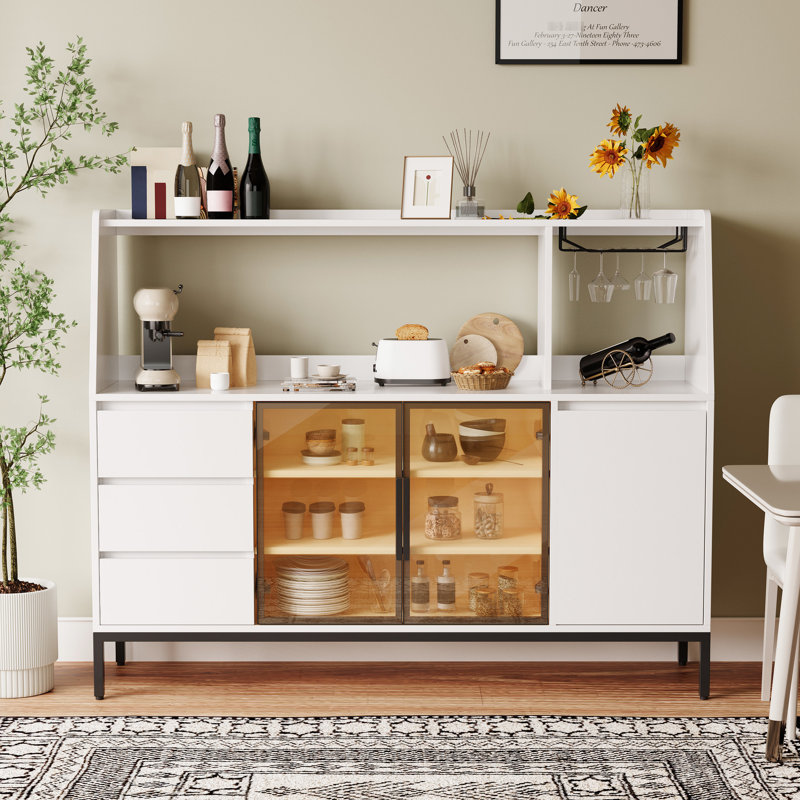 Buffet en bois blanc avec 3 tiroirs, porte en verre et porte-gobelet à vin pour la cuisine